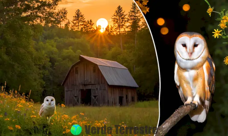 Un búho majestuosamente posado en un bosque luminado por la luna y un búho de campo surcando un campo dorado al atardecer