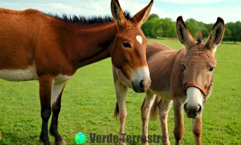 Comparación detallada de una mula y un burro, mostrando sus características físicas y etiquetas informativas en un paisaje campestre