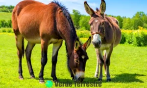 Comparación de una mula y un burro en un pasto verde