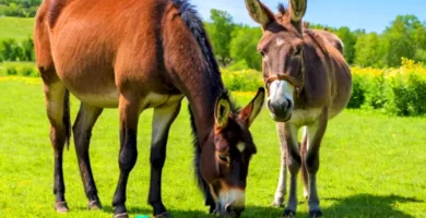Comparación de una mula y un burro en un pasto verde