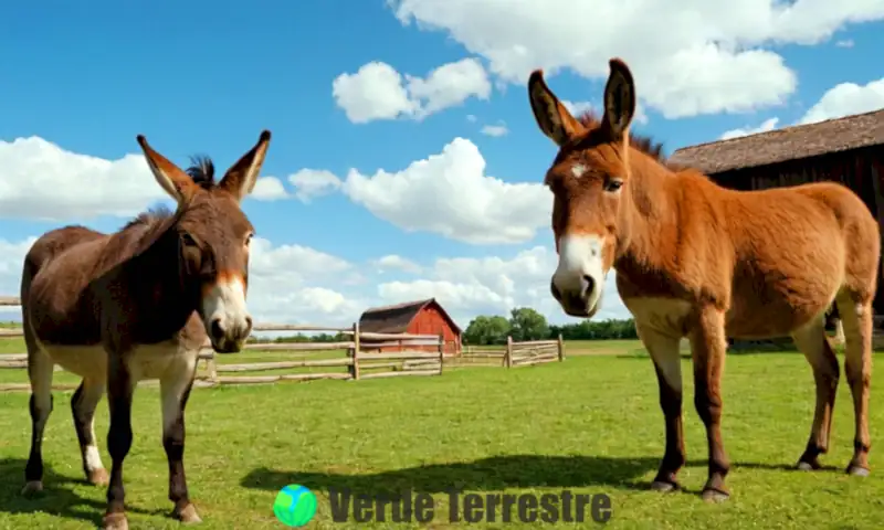 Comparativa entre un mulo robusto y un burro pequeño en un campo de granja, rodeados de una cabaña y cercas