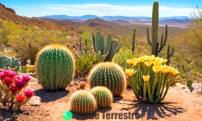 Ilustración artística que muestra un cactus colorido con espinas y flores, junto a una suculenta de hojas suaves, en un paisaje desértico bajo un cielo azul