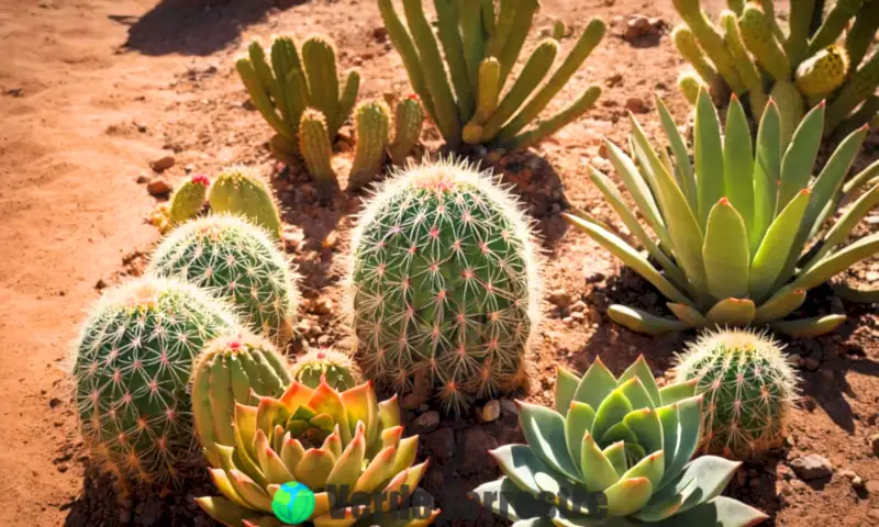 Ilustración botánica realista que muestra cactáceas y suculentas en un desierto soleado, destacando sus formas, colores y texturas