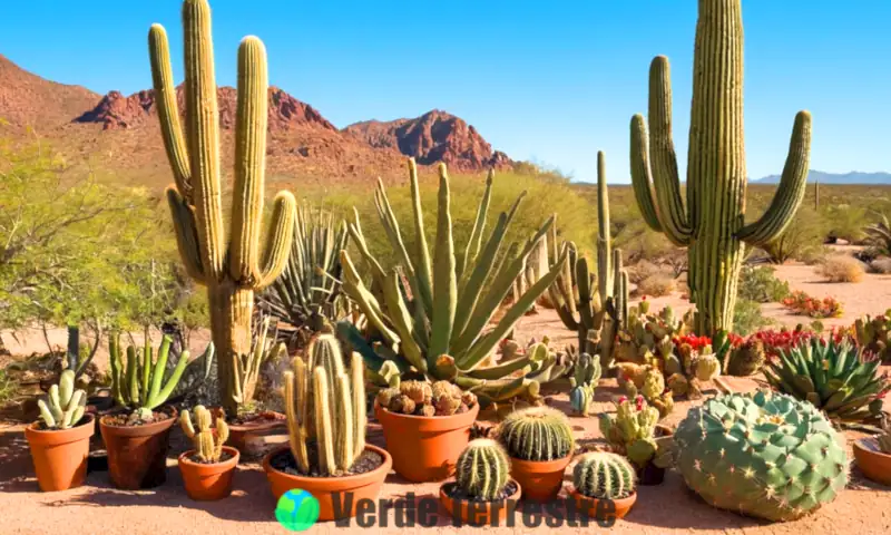 Ilustración colorida que muestra cactáceas y suculentas en un desierto soleado, con etiquetas educativas