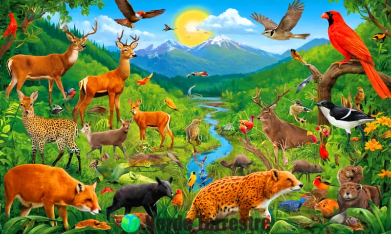 Ilustración colorida de una cadena alimentaria en un bosque, mostrando productores, consumidores y descomponedores, con etiquetas y ejemplos de biodiversidad