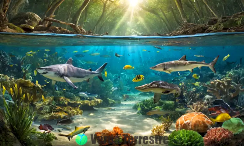 Ilustración educativa de cadenas alimenticias en un ecosistema forestal con lobos, ciervos, aves y un ecosistema marino con peces y tiburones, mostrando interacciones y equilibrio ecológico