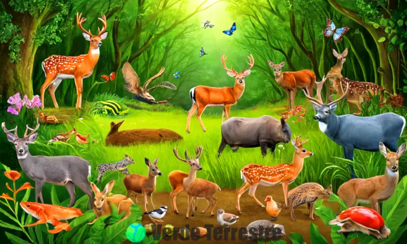 Ilustración educativa de una cadena alimentaria en un bosque, mostrando productores, consumidores y descomponedores con flora y fauna interconectadas