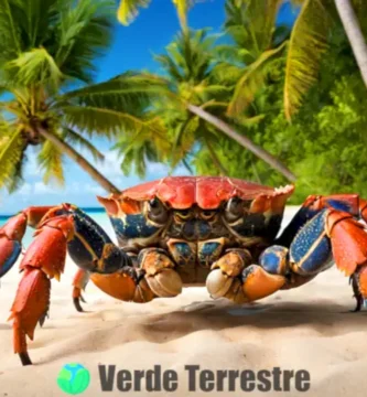 Cangrejo de coco en una isla tropical con palmeras y playas de arena