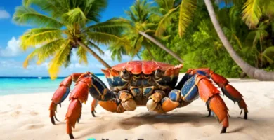 Cangrejo de coco en una isla tropical con palmeras y playas de arena