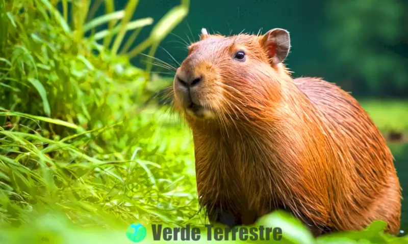 Capibara en su hábitat natural, rodeada de vegetación y agua, con cuerpo robusto y patas palmeadas