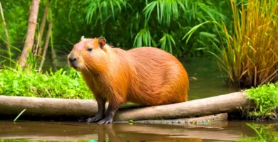 Capibara descansando junto a un río