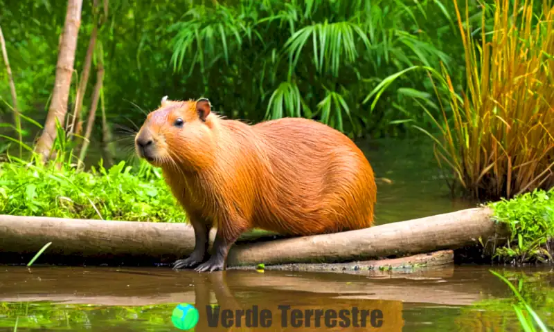 Capibara descansando junto a un río