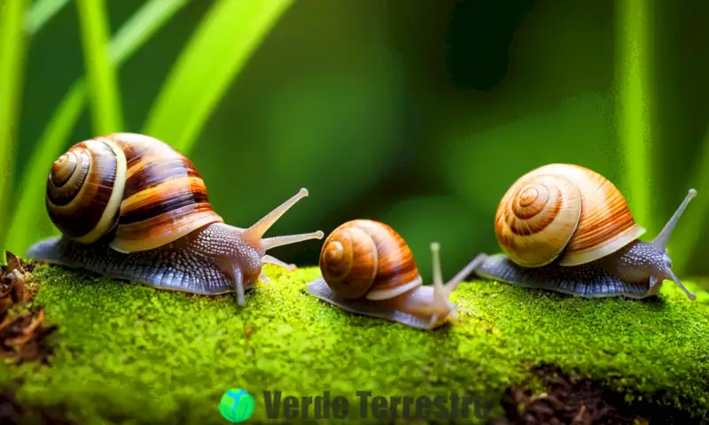 Ilustración vibrante de caracoles en un entorno verde, mostrando diferentes especies y sus huevos en un ambiente detallado y realista