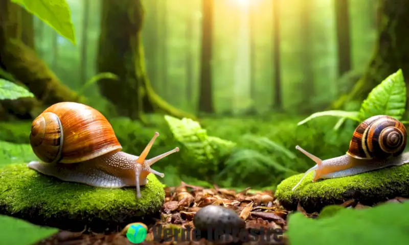Diversas babosas coloridas en un bosque verde
