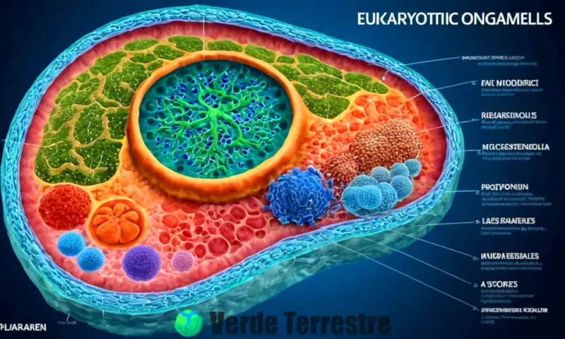 Ilustración educativa de una célula eucariota con sus partes esenciales etiquetadas y un fondo degradado azul y verde