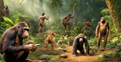 Representación artística de la evolución de homínidos en un entorno prehistórico con especies como Australopithecus y Neandertales