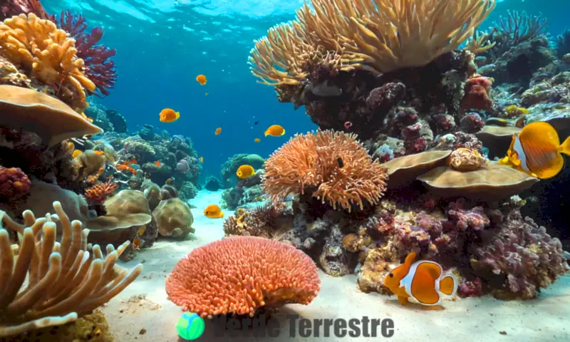 Escena submarina vibrante con moluscos, un pulpo colorido, un pez payaso y un caracol patrimonial, rodeados de un colorido arrecife de coral