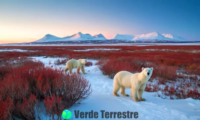 Paisaje tundra con osos polares, zorros árticos y aves migratorias, rodeados de nieve y vegetación resistente, bajo un cielo azul y luces del norte