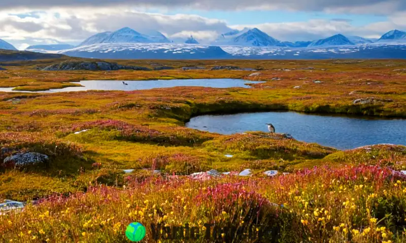 Paisaje ártico con diferentes tipos de tundra, musgos, líquenes, arbustos enanos, flores silvestres, montañas nevadas y fauna como caribúes y zorros árticos