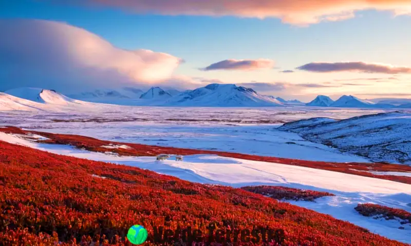 Paisaje de tundra con musgos, líquenes y arbustos bajos, rodeado de llanuras heladas y fauna como zorros árticos y renos bajo un cielo dramático