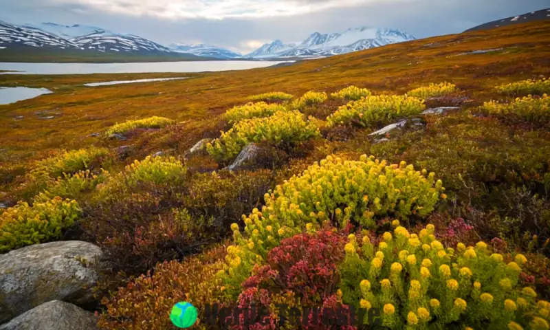 Escena de tundra con plantas vibrantes, caribúes y búhos nival, bajo un cielo dramático