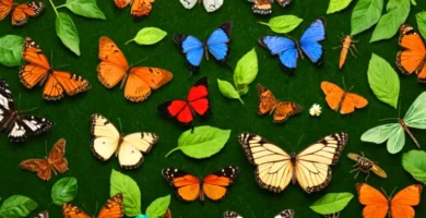 Collage vibrante de insectos diversos en un bosque verde