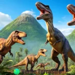 Ilustración colorida de dinosaurios carnívoros en una selva prehistórica con un Tyrannosaurus Rex