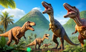 Ilustración colorida de dinosaurios carnívoros en una selva prehistórica con un Tyrannosaurus Rex