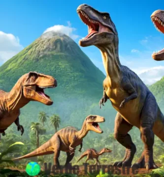 Ilustración colorida de dinosaurios carnívoros en una selva prehistórica con un Tyrannosaurus Rex