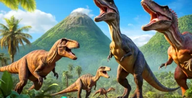 Ilustración colorida de dinosaurios carnívoros en una selva prehistórica con un Tyrannosaurus Rex