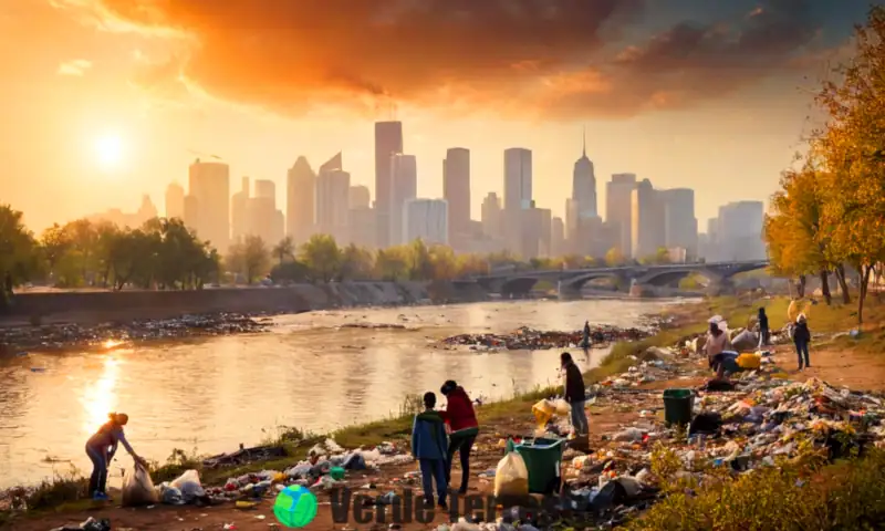Personas de diversa edad limpiando un paisaje contaminado con basura, peces muertos y árboles marchitos, mientras una ciudad envuelta en smog se vislumbra al fondo durante un atardecer