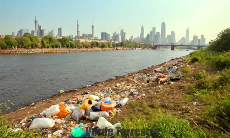 Paisaje contaminado por basura con un río sucio y una ciudad de fondo, donde un grupo de personas limpia mientras la naturaleza muestra vibrante vegetación