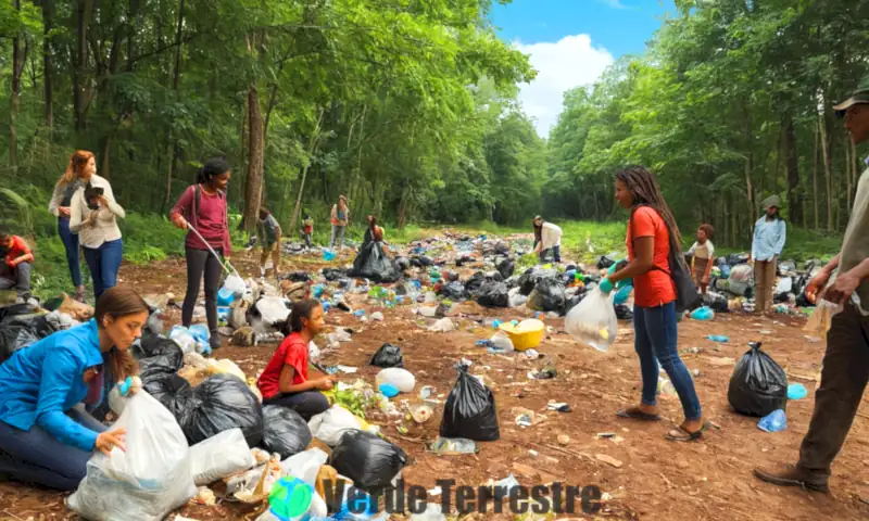 Grupo diverso limpiando un entorno contaminado, rodeados de basura, con un paisaje natural en restauración al fondo