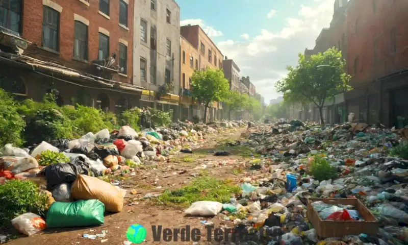 Paisaje urbano con basura y contaminación contrastando con un área verde y limpia que simboliza soluciones ambientales