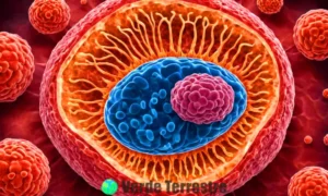 Ilustración detallada de una célula animal colorida con sus orgánulos etiquetados sobre un fondo degradado