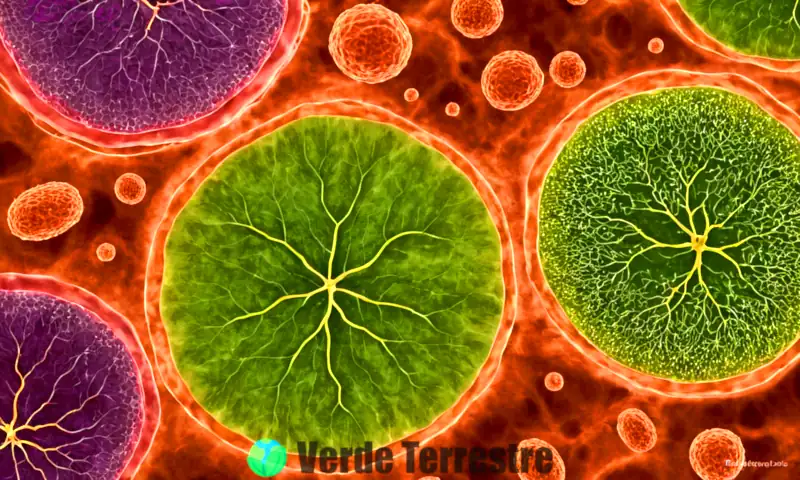 Ilustración colorida que compara células vegetales y animales, destacando sus estructuras y organelas en un ambiente laberíntico educativo