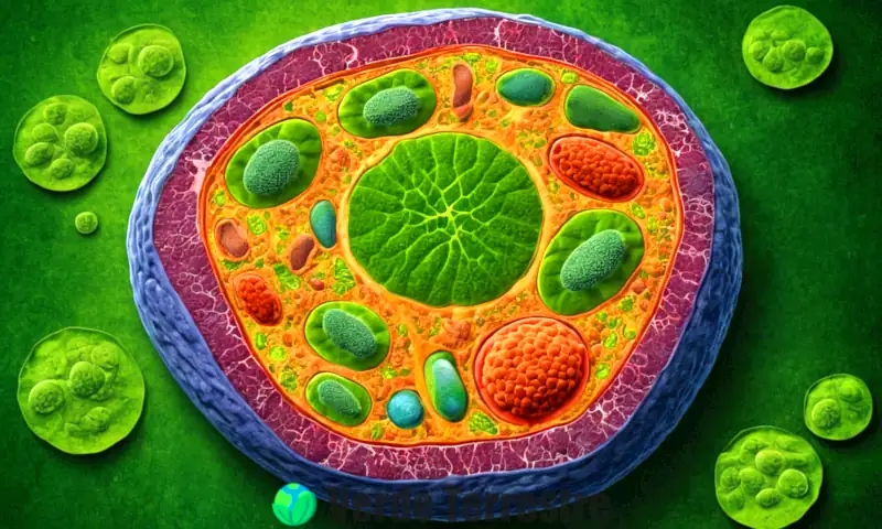 Ilustración de una célula vegetal con sus partes principales y un fondo colorido de jardín