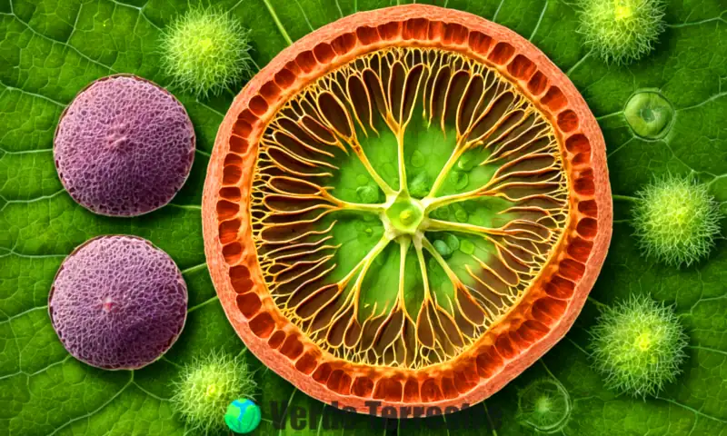 Ilustración educativa que muestra una sección transversal de una célula vegetal con cloroplastos, pared celular, vacuola y núcleo, sobre un fondo verde
