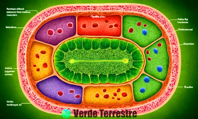 Ilustración realista de una célula vegetal con partes etiquetadas, sobre un fondo de textura de hoja verde