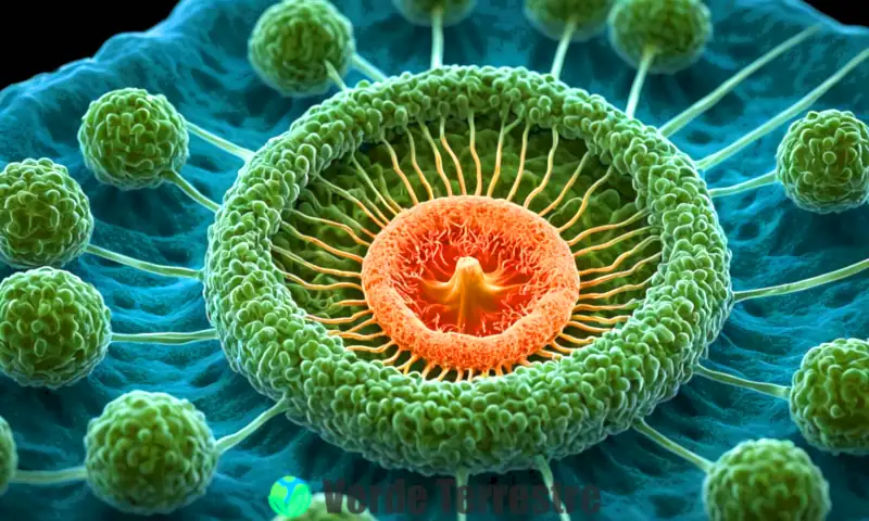 Ilustración del ciclo del centrosoma en la división celular, mostrando centrosomas y microtúbulos con etiquetas en un entorno biológico vibrante