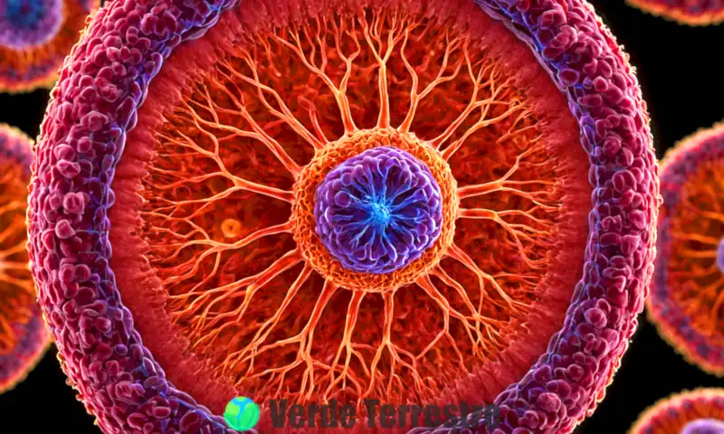 Ilustración científica del centrosoma en mitosis, rodeado de fibras del huso y cromosomas en un entorno microscópico vibrante
