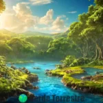 Ilustración del ciclo del carbono que muestra un bosque exuberante