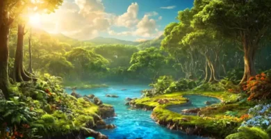 Ilustración del ciclo del carbono que muestra un bosque exuberante
