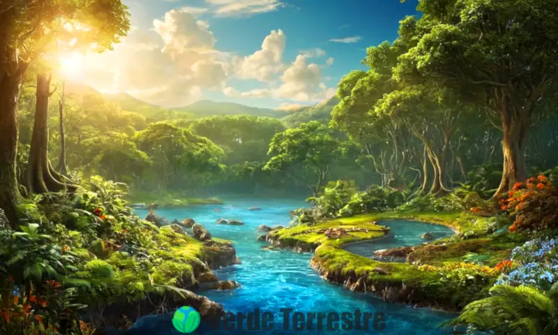 Ilustración del ciclo del carbono que muestra un bosque exuberante