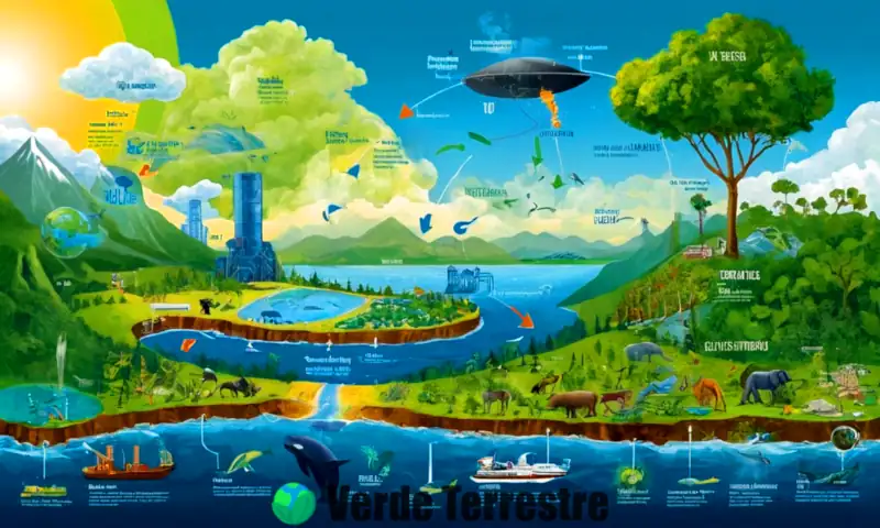 Ilustración del ciclo del carbono, que muestra bosques verdes, océanos y áreas urbanas interconectadas, con plantas, animales y emisiones industriales