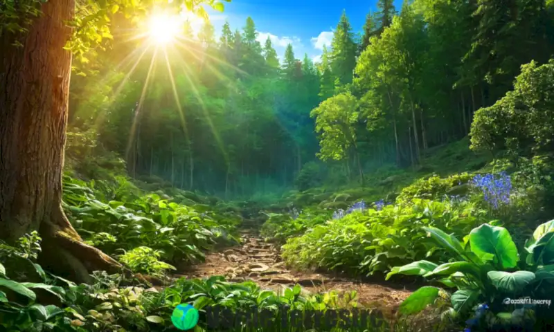 Ilustración educativa del ciclo de Calvin en fotosíntesis, con plantas verdes, luz solar y estructuras moleculares en un bosque soleado