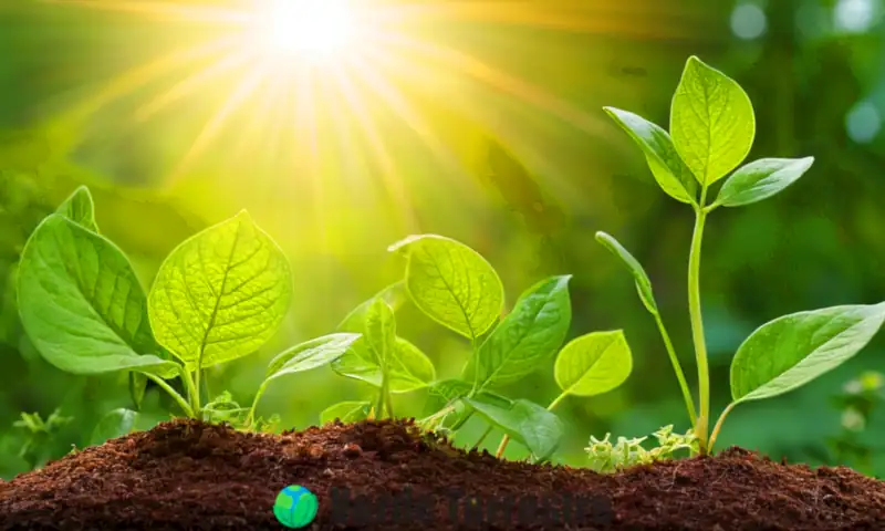 Ciclo de Calvin en fotosíntesis con hojas verdes, moléculas de glucosa y un sol brillante en un jardín soleado
