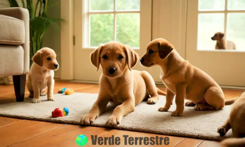 Ilustración de cachorros jugando en una sala acogedora, explorando juguetes y siendo acariciados por un niño, con luz solar filtrándose por la ventana