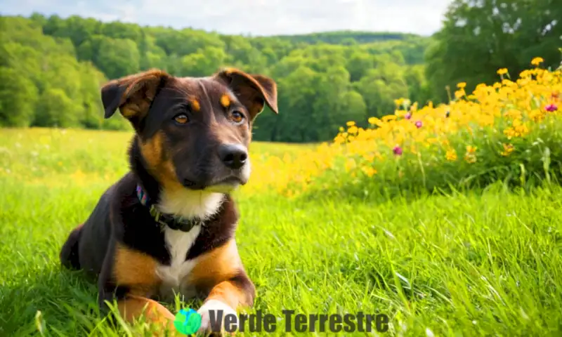 Perro joven en un entorno natural, simbolizando la adolescencia y el crecimiento, con un calendario sutil en el fondo