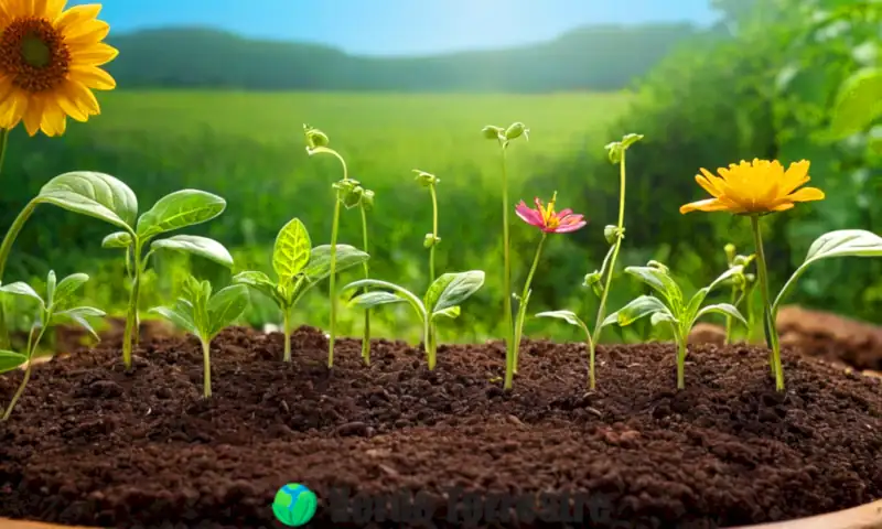 Ciclo ilustrado de la vida de una planta, desde la germinación hasta la floración, en un jardín vibrante